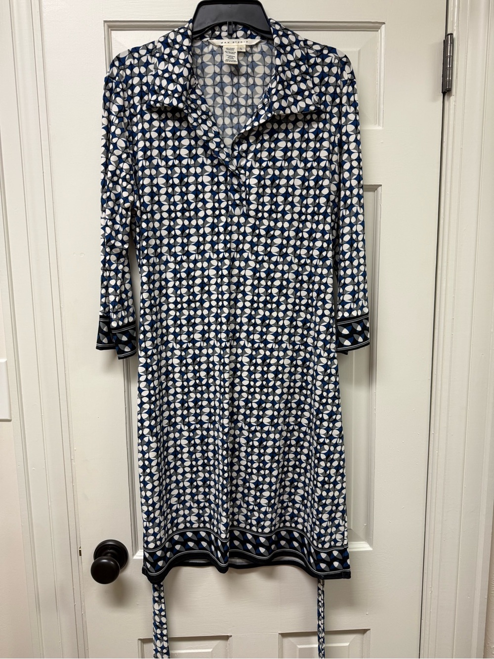 Max Studio Navy and White Geometric Midi Shirt Dress